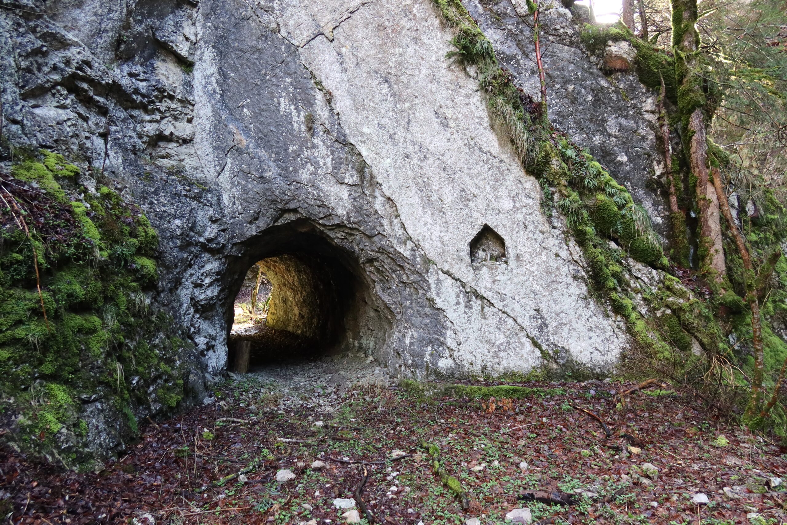 19.03.2024: Le Torrent bei Lessoc FR, Tunnel des "Polenweges" aus den 1940er Jahren. Der schöne Weg ist etwas steinschlaggefährdet und wird deshalb heute kaum mehr begangen.